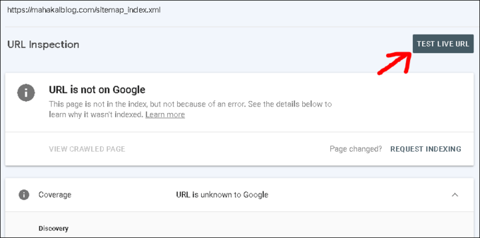 Google Search Console Test Live URL Toll describe