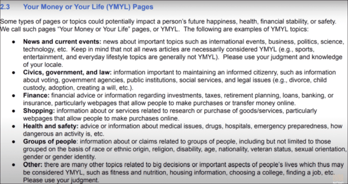 Your Money or Your Life YMYL Pages EAT Score Guideline 